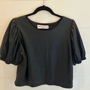 Amanda Uprichard Faux Leather Black Puff Sleeve Heidi Top